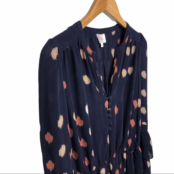 Parker Silk Dress Navy Dot Print Size Small Bell Sleeve - Picture 3 of 10